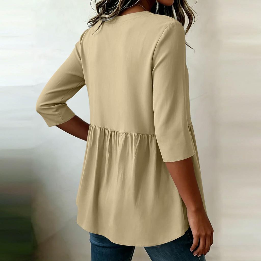 Women's Fashion Loose Fit Cotton Linen Blouse Three Quarter Sleeve V Neck Casual Tunic Top for Daily Wear