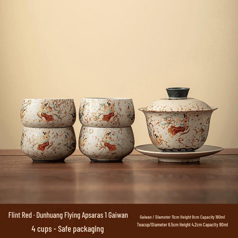 Dunhuang Flying Apsara Flint Red Ceramic Gaiwan Tea Set