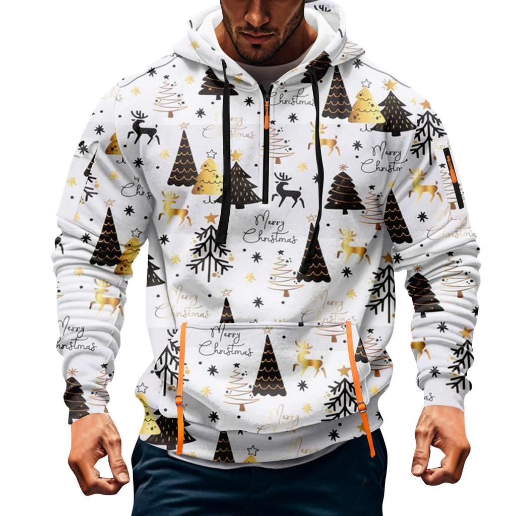 Sudadera deportiva casual de media cremallera con capucha y estampado navideño para hombre