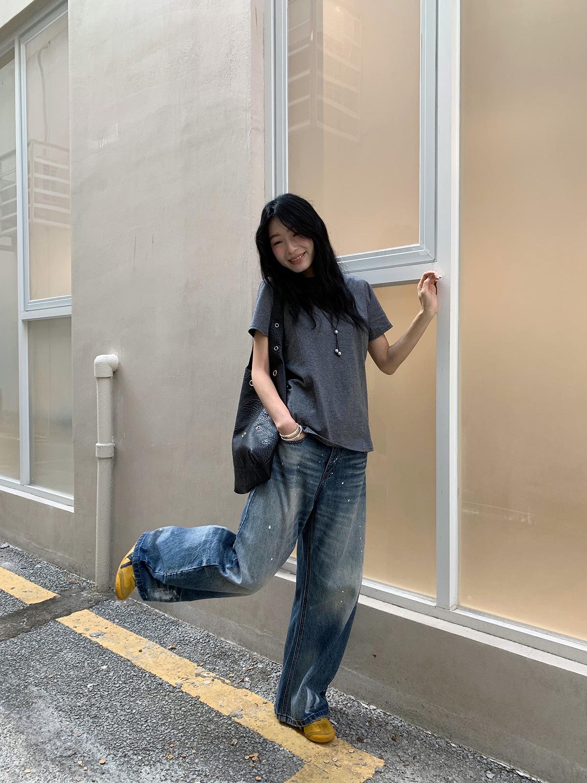 Design Sense Women s Retro Curved Leg Jeans - Spring 2026 Splatter Ink Wide Leg Pants Large