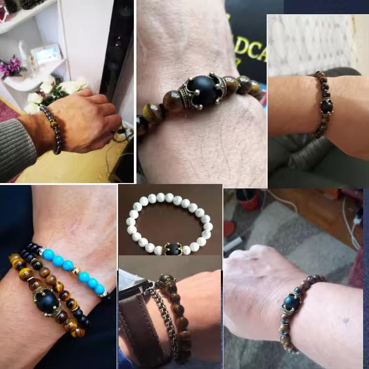 Men's Fashionable Tiger Eye & Turquoise Natural Stone Crown Bracelet
