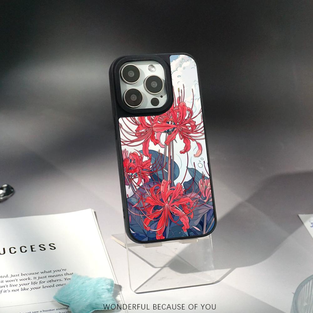 Art Red Spider Lilys Japan Design Phone Case for iPhone 17 16 E 15 14 13 12 Pro Max Sheepskin Silver-edged Protective Case