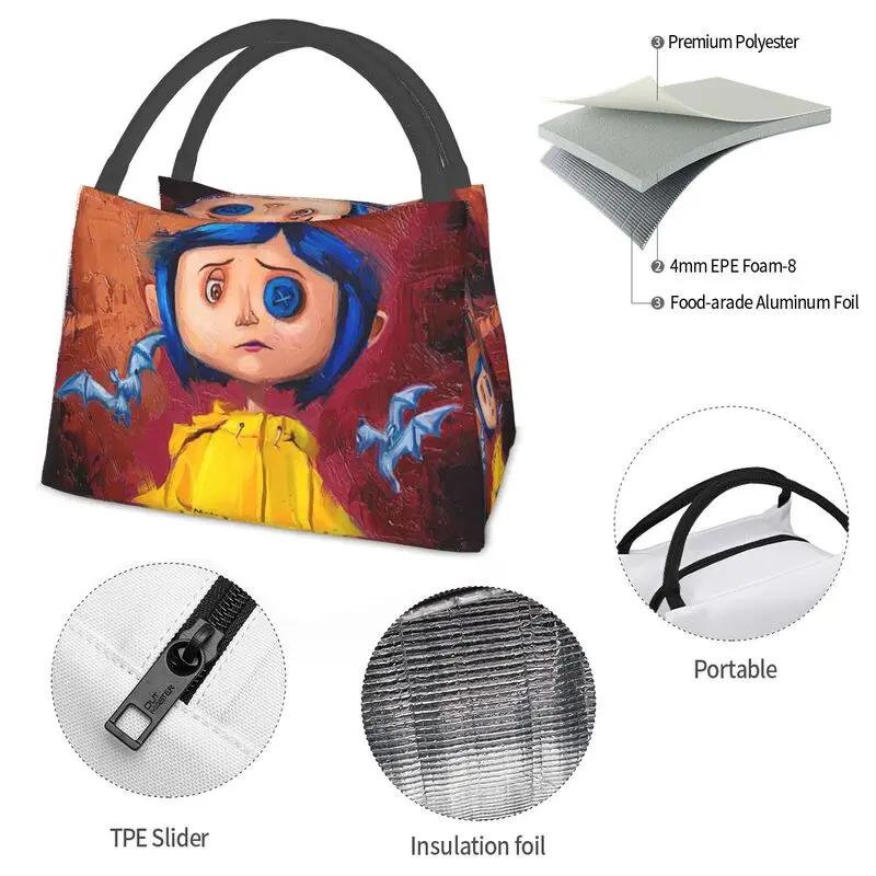 Halloween Horrorfilm Coraline Thermoisolierte Lunchtaschen Damen Wiederverwendbarer Lunchbehälter für Outdoor-Picknick Mahlzeit Lebensmittelbox