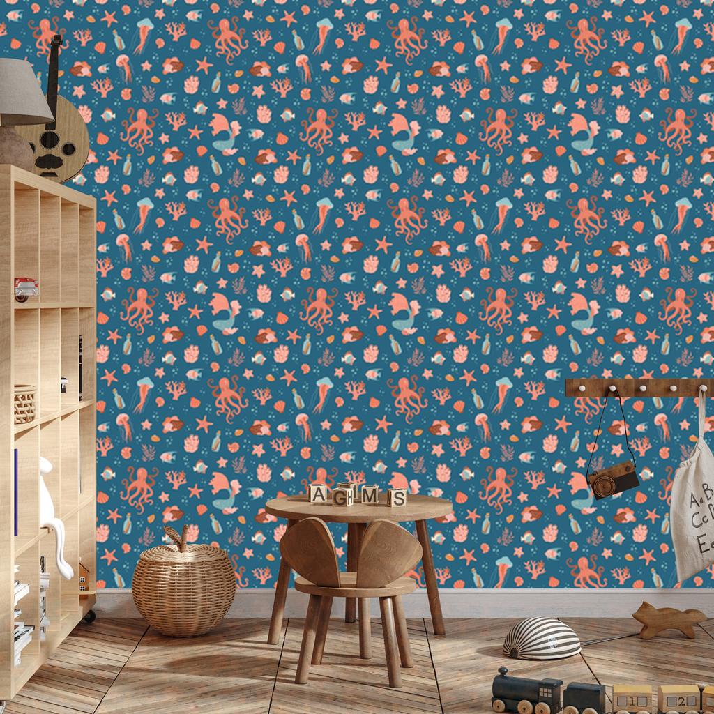 Wallpaper Sea Animals Blue and Turquoise for Living Room and Bedroom 50x1000