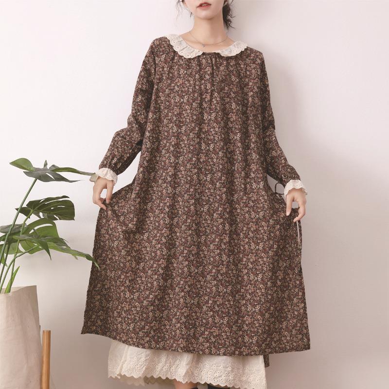 Japanese Mori Girl Spring Autumn Women Cotton Linen Dress Peter Pan Collar Floral Print Retro Dress Embroidery Hollow Out Elegant Vintage Dress