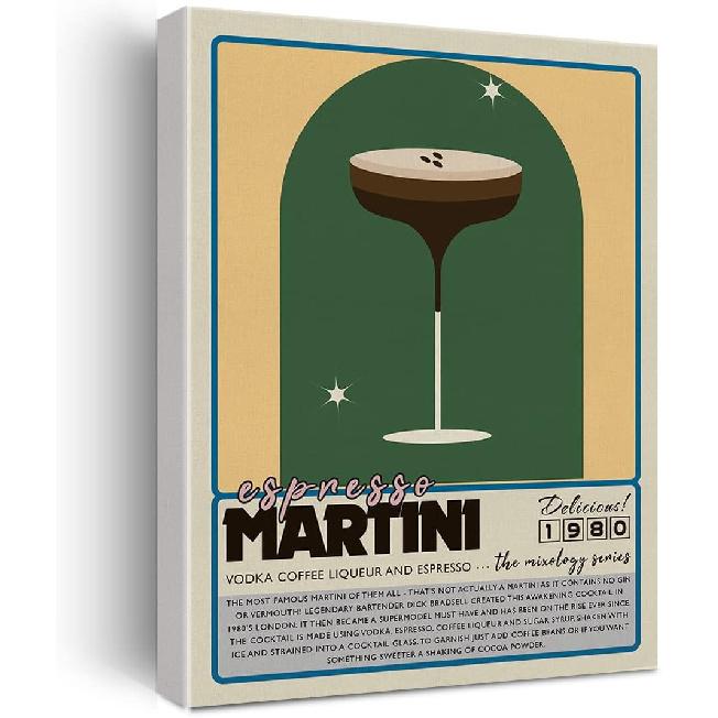 Funny Cocktail Canvas Print Decor Martini Espresso Art Wall Painting Posters 12”X15” Modern Home Kitchen Bar Decoration (Framed)