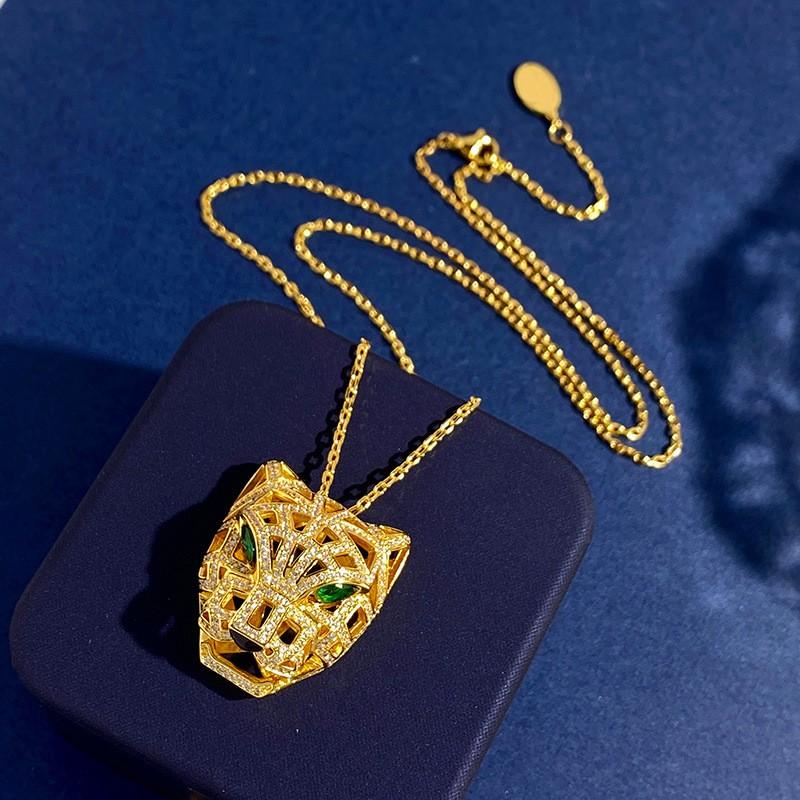 Gold Plated Leopard Head Pendant Necklace With Rhinestones Irregular Cutout Punk Style Long Chain Sweater