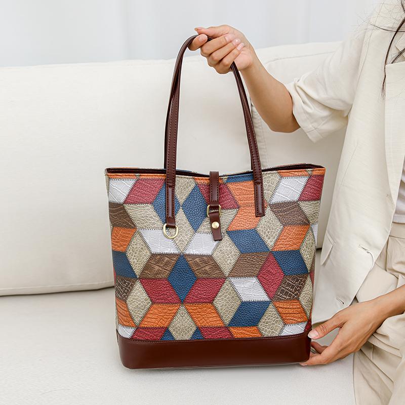 Vintage Velkokapacitní Tote Bag Color Block Dámská taška přes rameno Patchworková kabelka