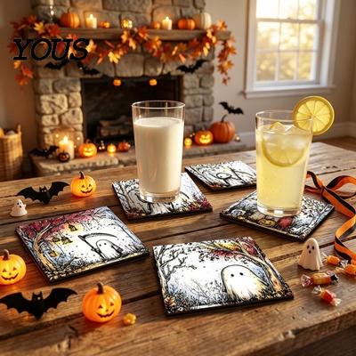 Halloween Wooden Coasters 4Pcs Coasters, Spooky Ghost Skull Design Drink 2D Heat-Resistant Practical Holiday Housewarming Gifts Round Mats for Coffee