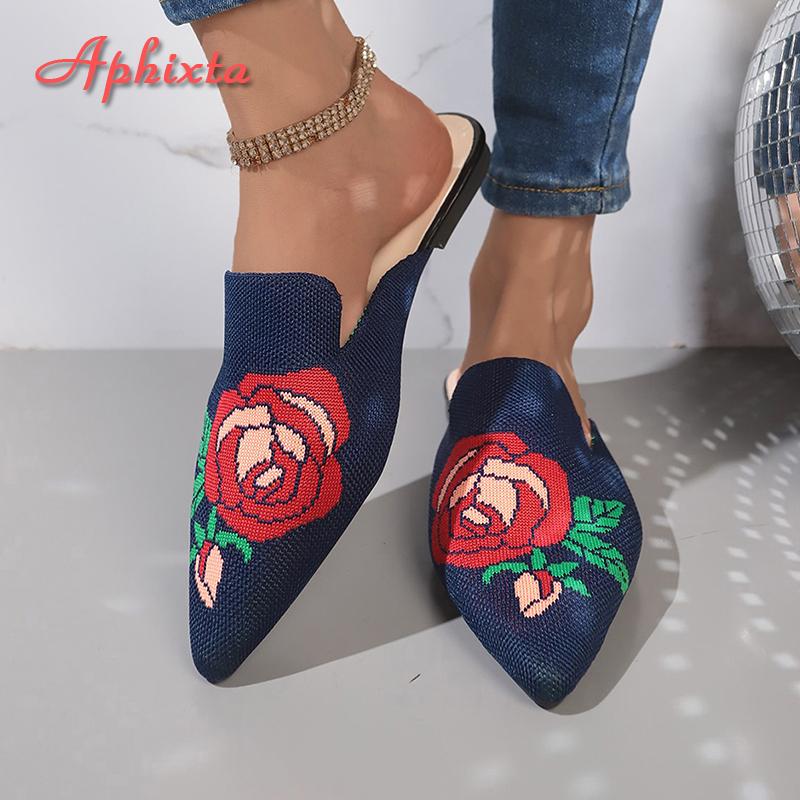 Fashion Aphixta Stretch Fabric Women Slippers Embrodier Flower Design Women Outside Shoes Pointed Toe Mules Summer Ladies Shoes Size 42