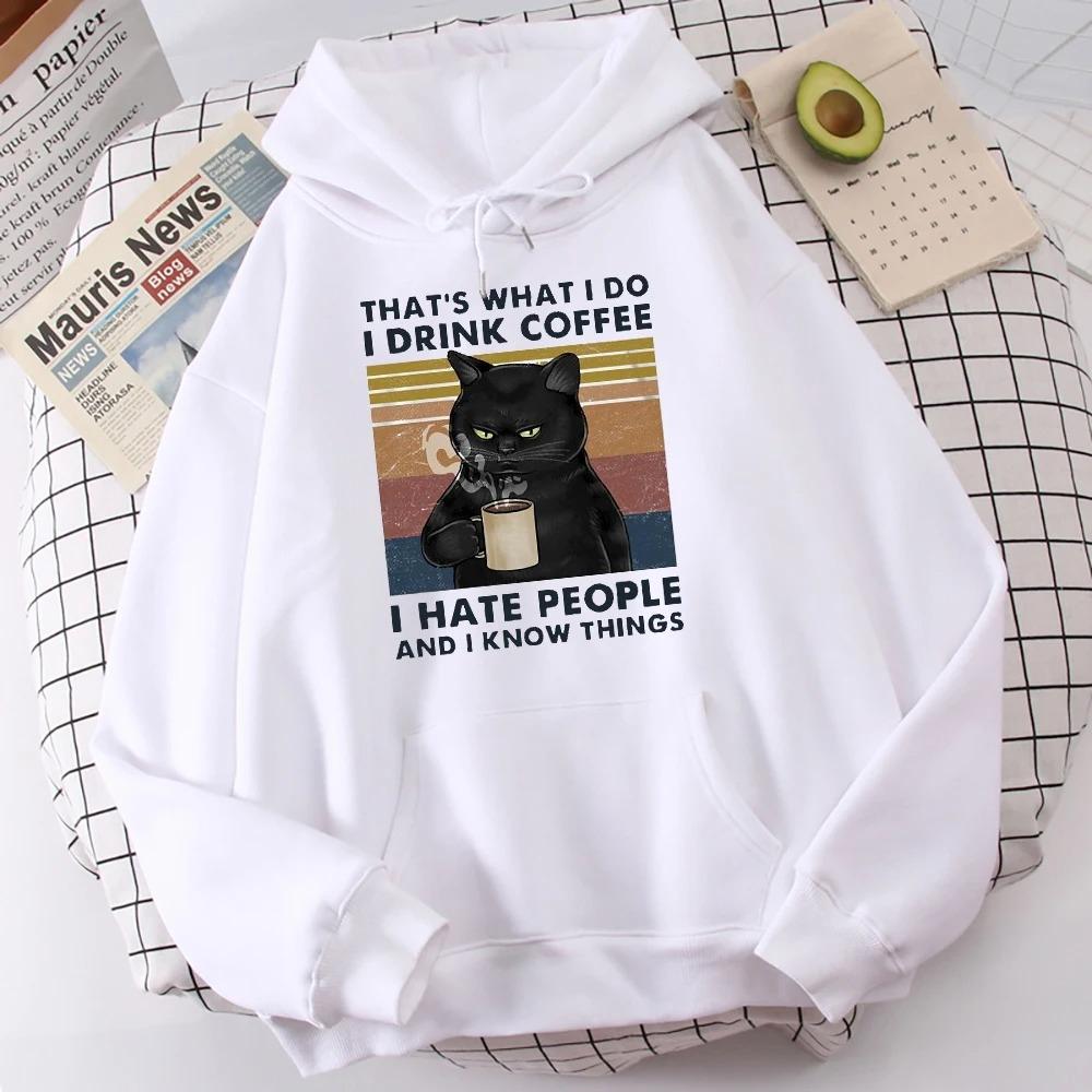Women's Fashion Hoodie High Quality Cat Drinking Coffee Printed Hoodie Autumn Winter Fashion Casual Daily Harajuku Women Hoodie