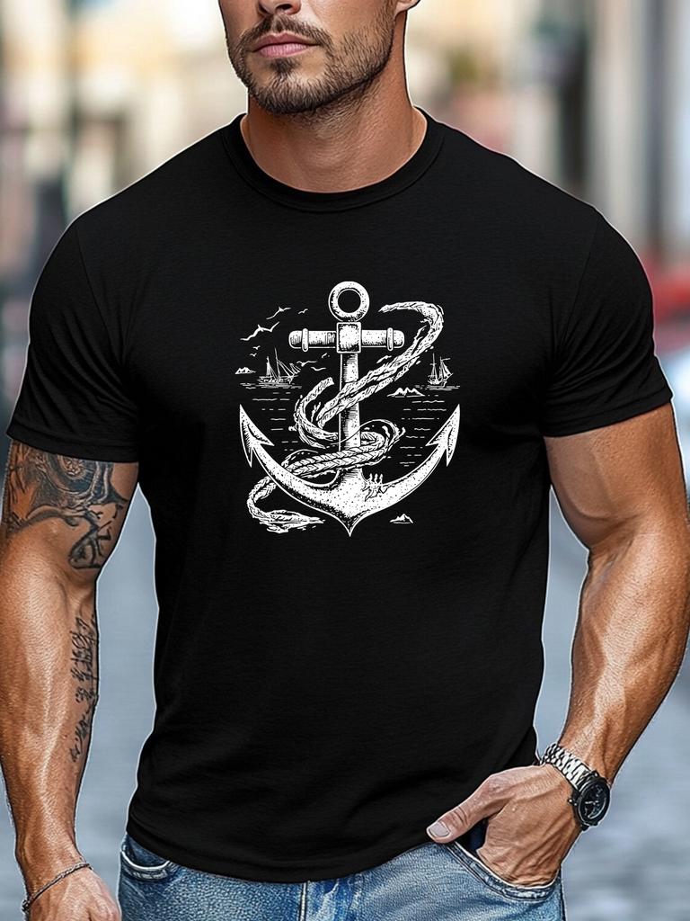 Unisex Retro Anchor Sailboat Sea Ocean Pattern Print Crew Neck Short Sleeve Oversized Loose Casual Summer Streetwear Basic Soft Tee