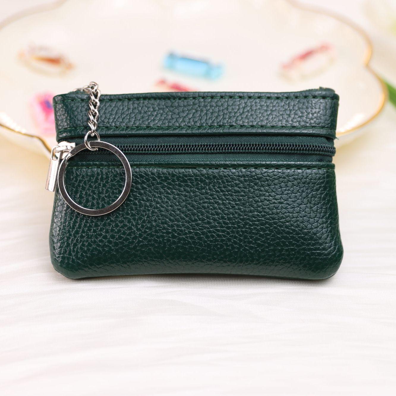 

Double-Sided Zipper Coin Purse: Soft Leather, Unisex Korean Style Mini Wallet with Key and Card Holder 11.5 x 7.5 x 1.5 темно-зелений колір