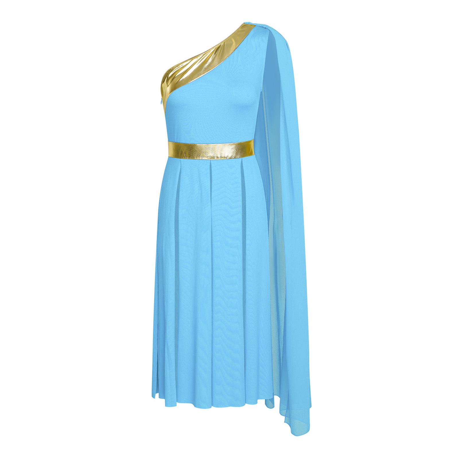 

Womens Praise Dance Dress One Shoulder Drape Sleeveless Metallic Shiny Patchwork Slit Hem Tunic Worship Costume S світло-синій колір