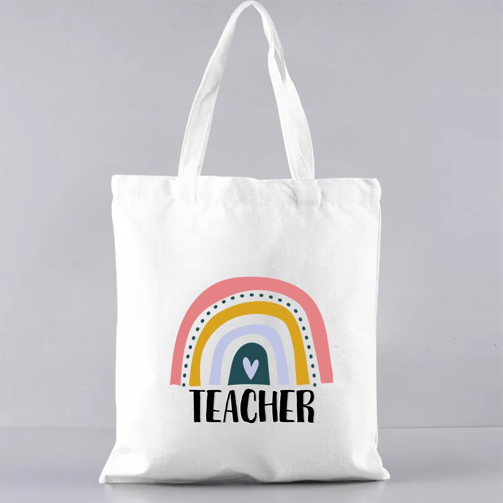 Fashion Shopping Bag Handbag Commuter Casual Shoulder Bag Reusable Canvas Bag White Cartoon Teacher Pattern Printing Tote Bag