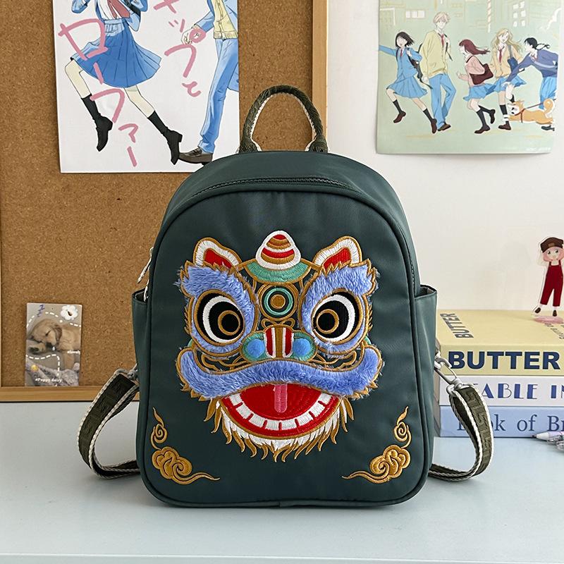 Schoolbag Guochao Lion Dance Embroidered Backpack Women's New Retro Fashion Versatile Large Capacity Go Out Play Small Backpack