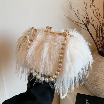 Sac Rétro en Peluche pour Femme, Chaîne de Perles à Franges, Sac Moelleux, Sac à Main Bandoulière Vent Féerique Européen et Américain