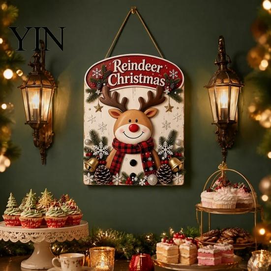 Vintage Style Seasonal Home Accents Christmas Wooden Hanging Sign, Rustic Holiday Wall Decor with Santa Claus Door Hanger Reindeer And Snowman