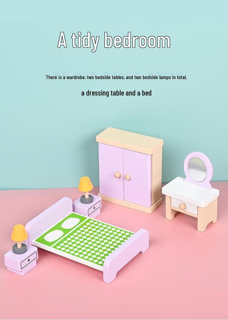 Children's Wooden Dollhouse Furniture Set - Mini Sofa & Bed Props