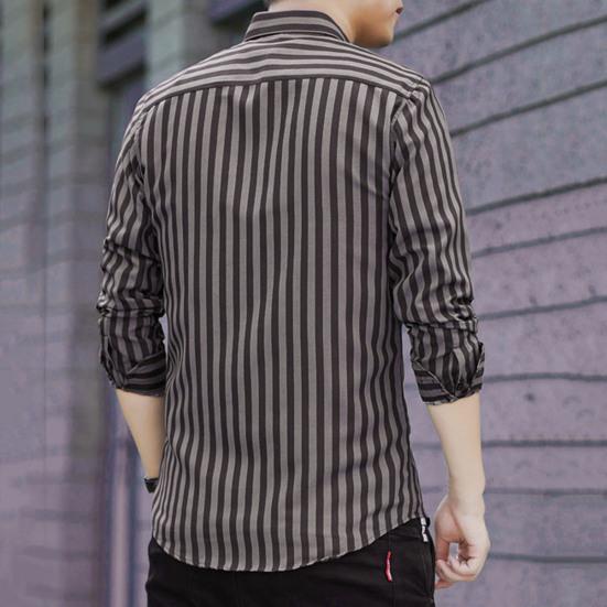 Men Shirt Formal Single-breasted Stripe Turn-down Collar Business Shirt for Work