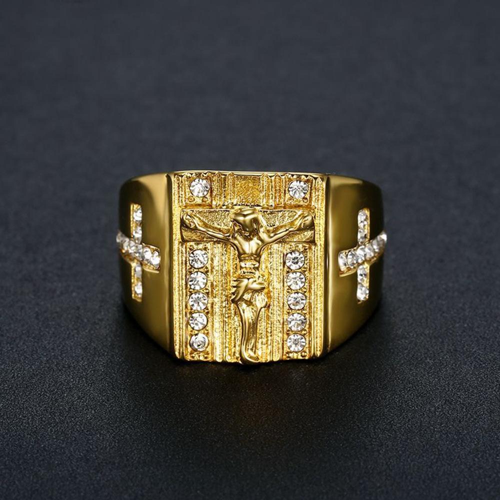 Hip Hop Iced Out Jesus Cross Ring Male Gold Color Stainless Steel Christian Rings For Women Men Religious Jewelry Anel Masculino