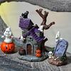 Halloween Theme Decorations Spooky Halloween Resin Ornament Set with Haunted House Demon Root Tombstone Statue Led Light Pumpkin