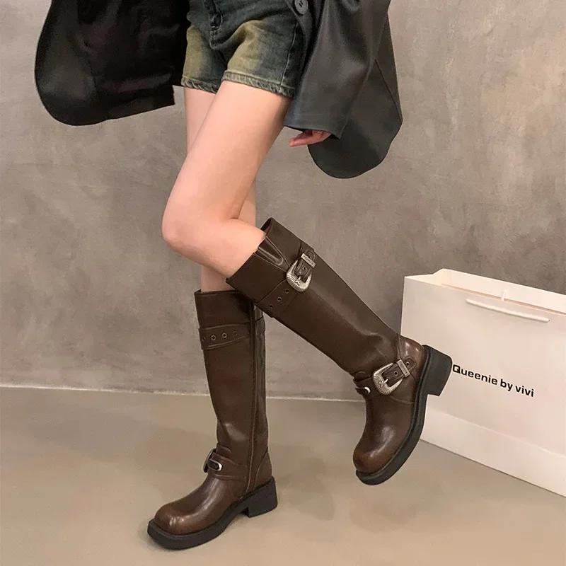 Vintage Women Knight Long Boots Fashion Elegant Belt Buckle Shoes Square Heel Women's Western Cowgirl Booties