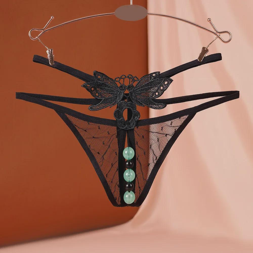"Luminous Pearl Massage Open-Crotch Thong for Women: Sexy Nightclub Underwear"