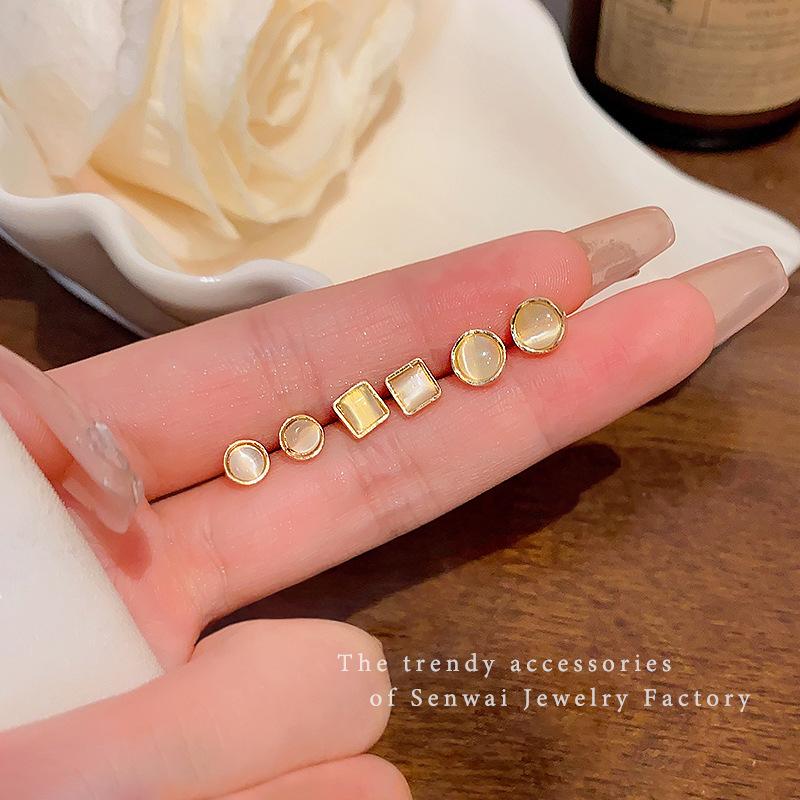 Opal geometric three-pair set, stud earrings for women's small and delicate ear holes, earrings, ears.