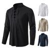 Men's V-neck Lace-up Long Sleeve Henley Shirt Solid Color Cotton and Linen Loose Casual Men's Stand-up Collar Shirt