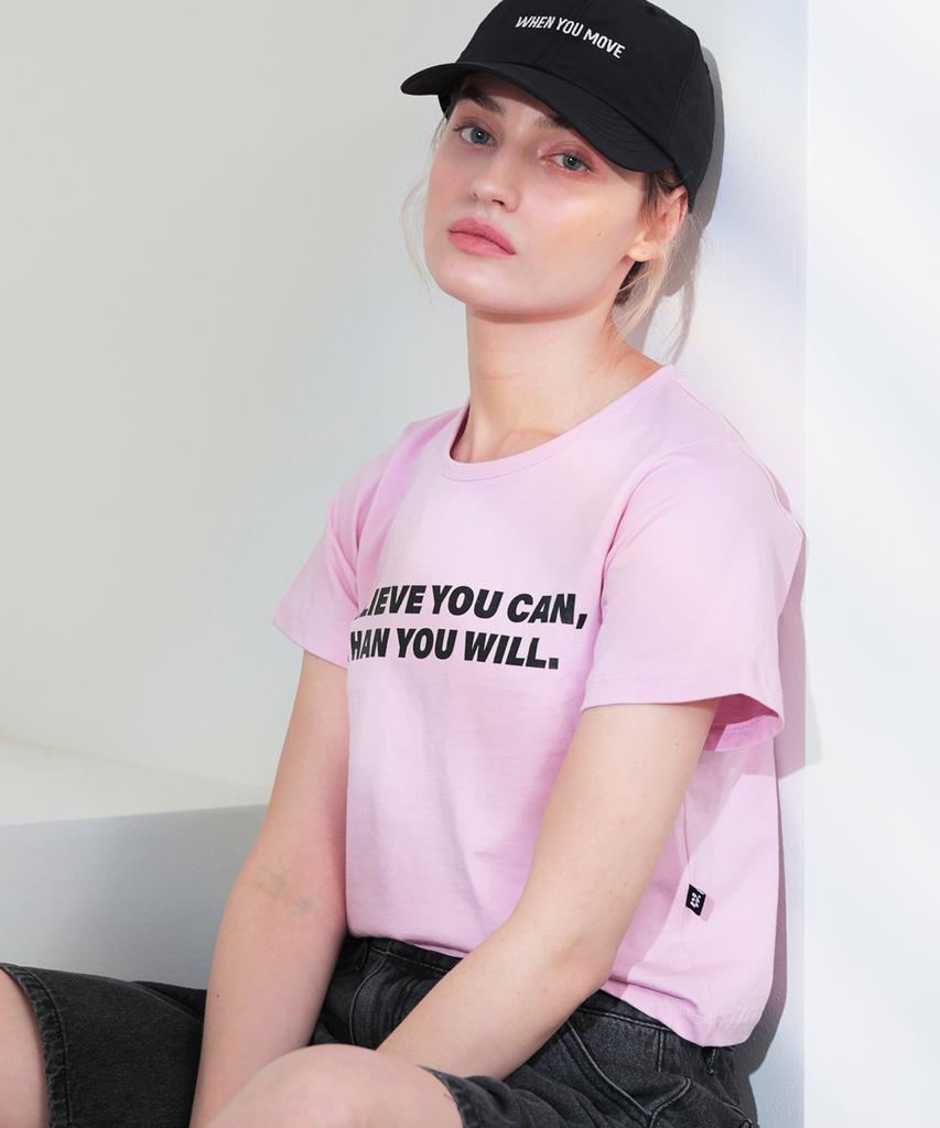 WHEN YOU MOVE Lettering Semi-Crop Short Sleeve T-Shirt Pink