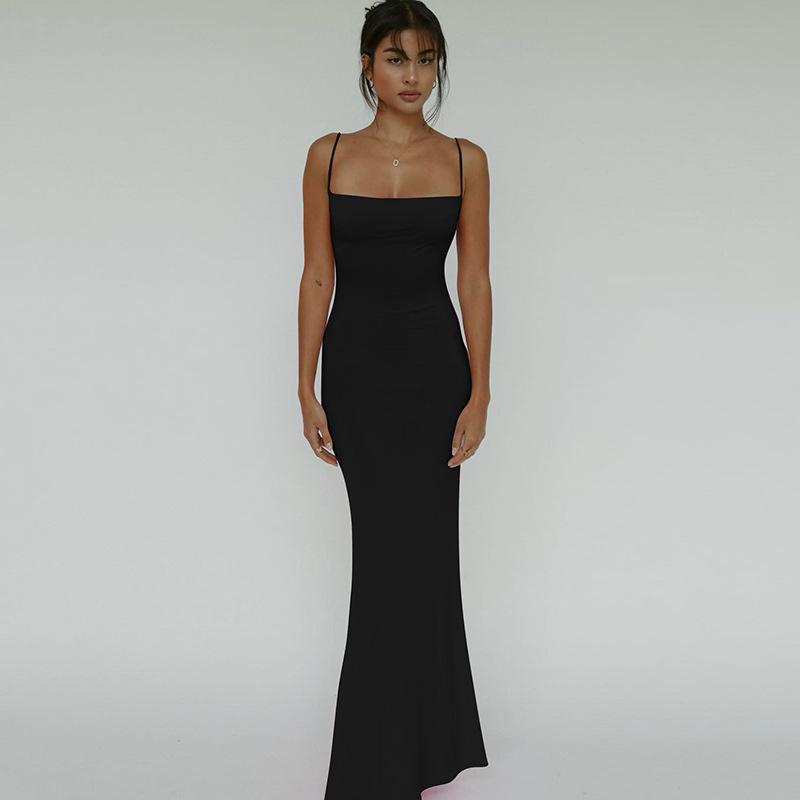 Vestido Camisola Sexy Feminino Slim Fit Costas Nuas Cor Sólida Sem Mangas Maxi Vestido Verão Casual Vestidos Slip Alça Fina Bodycon Gola Alta