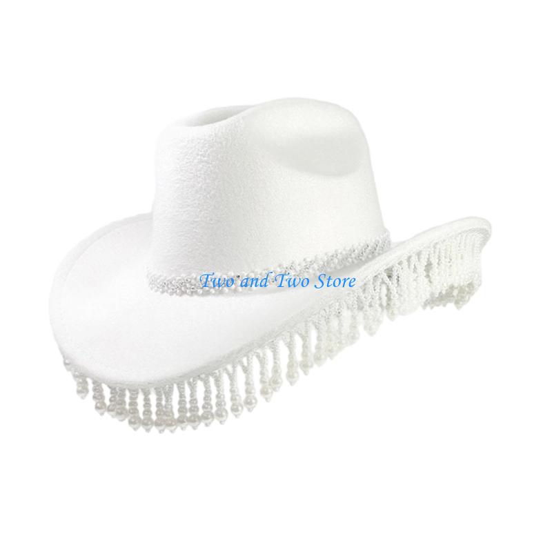 HX6F Trendy Unisex Cowboy Bucket Hat Decorated with Faux Pearls Detailing And Compact Travel Friendly Design белый