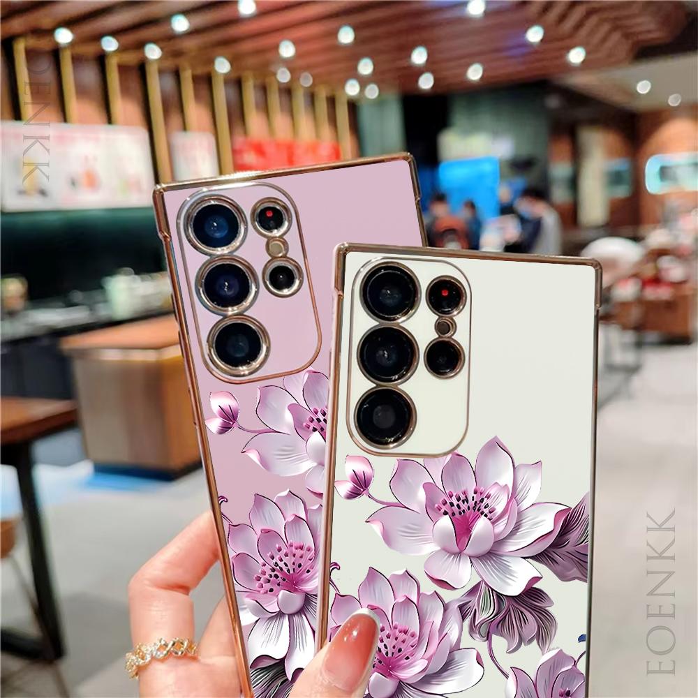 Luxury Plating Phone Case For Samsung Galaxy Note 10 20 Lite S24 S23 S22 S21 S20 Ultra FE Plus 5G Pink Lotus Silicone Soft Cover