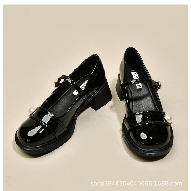 

Маленькие кожаные туфли маффин на толстой подошве жемчуг мелкий вырез пряжка-однословка лоферы Мэри Джейн одинарные туфли с юбками ретро универсальные 35 чёрный