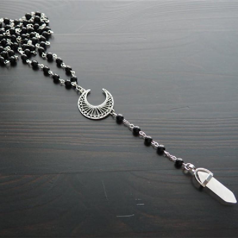 Hexagonal Long Strip Pendant Vintage Hollow Moon Necklace Black Rosary Neck Chain Accessories
