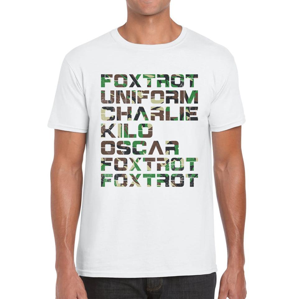 Foxtrot Uniform Charlie Kilo Oscar Foxtrot Camo Fitness Phonetic Alphabet Military Mens Tee Top M