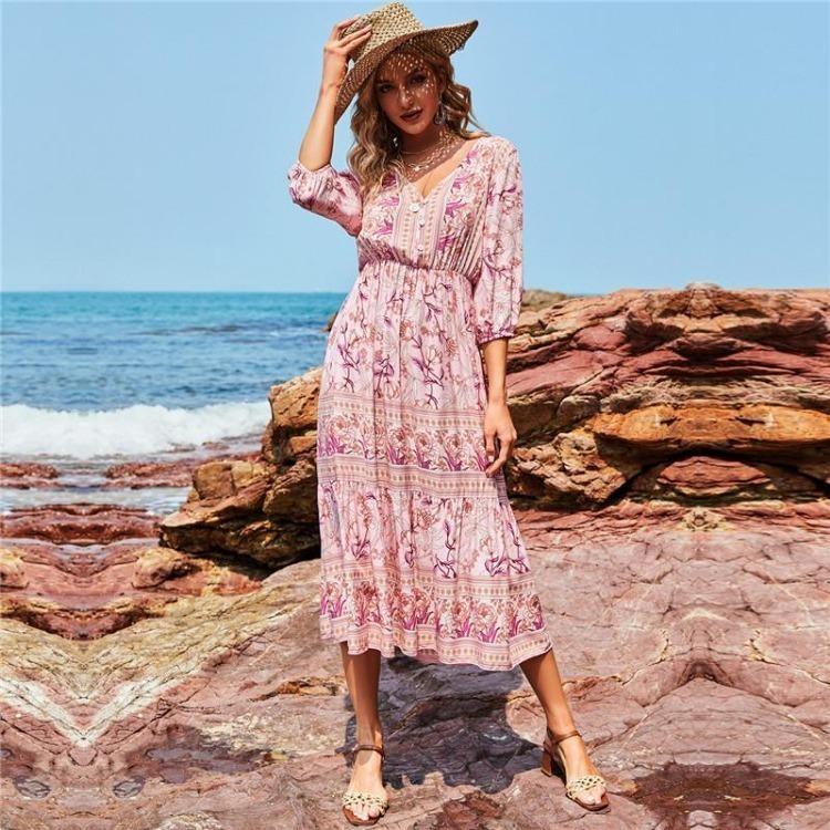 Summer Spring Floral Print Dress for Women Bohemia V-Neck A-Line High Waist Half Sleeve Mid-Calf Blue Pink Red Rose Sizes S M L XL