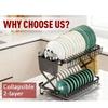 Foldable 2 Tier Stainless Steel Kitchen Dish Rack With Utensil Holder And Non-Slip Base For Countertop Storage