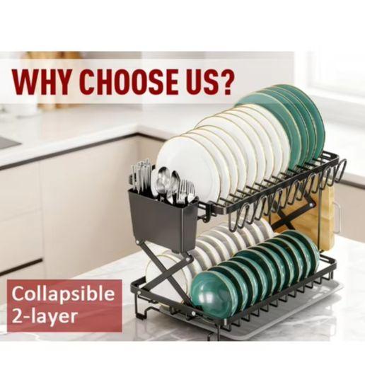 Foldable 2 Tier Stainless Steel Kitchen Dish Rack With Utensil Holder And Non-Slip Base For Countertop Storage