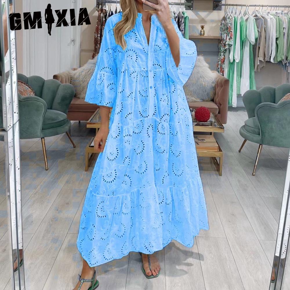 GMXIA 8 Colors S-5XL Women's Fashion Summer Spring Solid Color Print 3/4 Sleeve V-Neck Casual Dresses