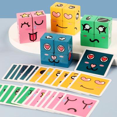 Cartoon Face-Changing Magic Building Blocks Game - Parent-Child Wooden Challenge Toy