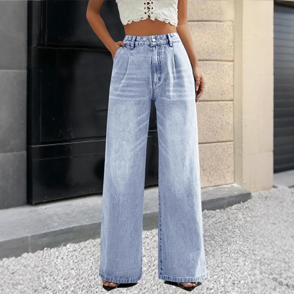 Women's High Waist Washed Women's Jeans Fashionable Versatile Straight Leg Pants