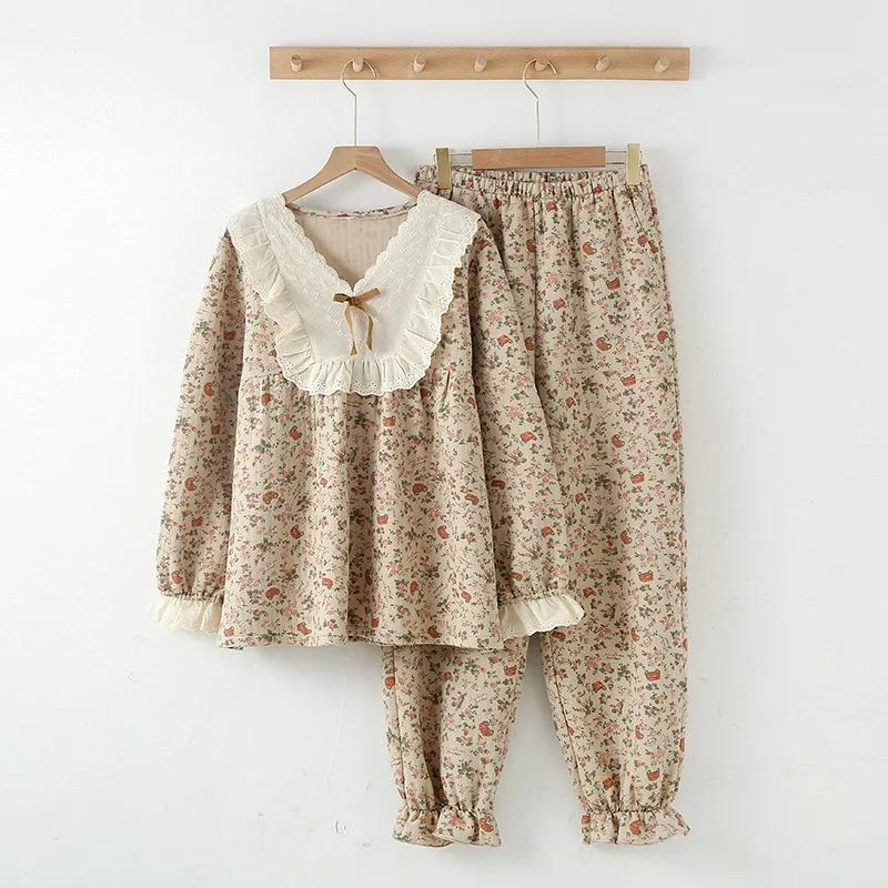 New Women's Pajamas Suit Thick Warm Cardigan Winter Pyjamas Sets Long Sleeve Flower Print Home Clothes Sleepwear