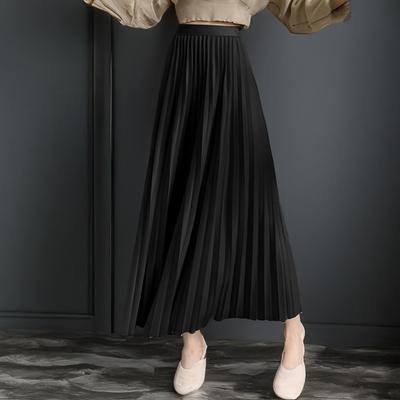 Women Pleated Skirt Elastic High Waist Solid Color Midi Skirt Soft Breathable Office Lady
