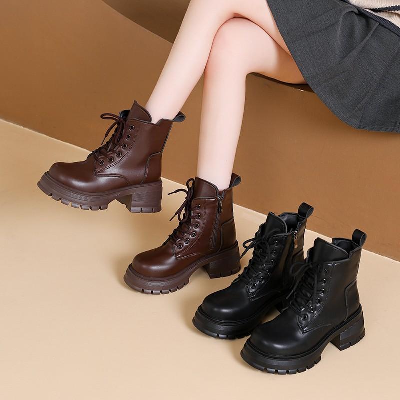 Thick-soled Martin Boots Women's 2025 Autumn and Winter New Versatile Single Boots Black Thin Boots Lace-up Locomotive Short Boots