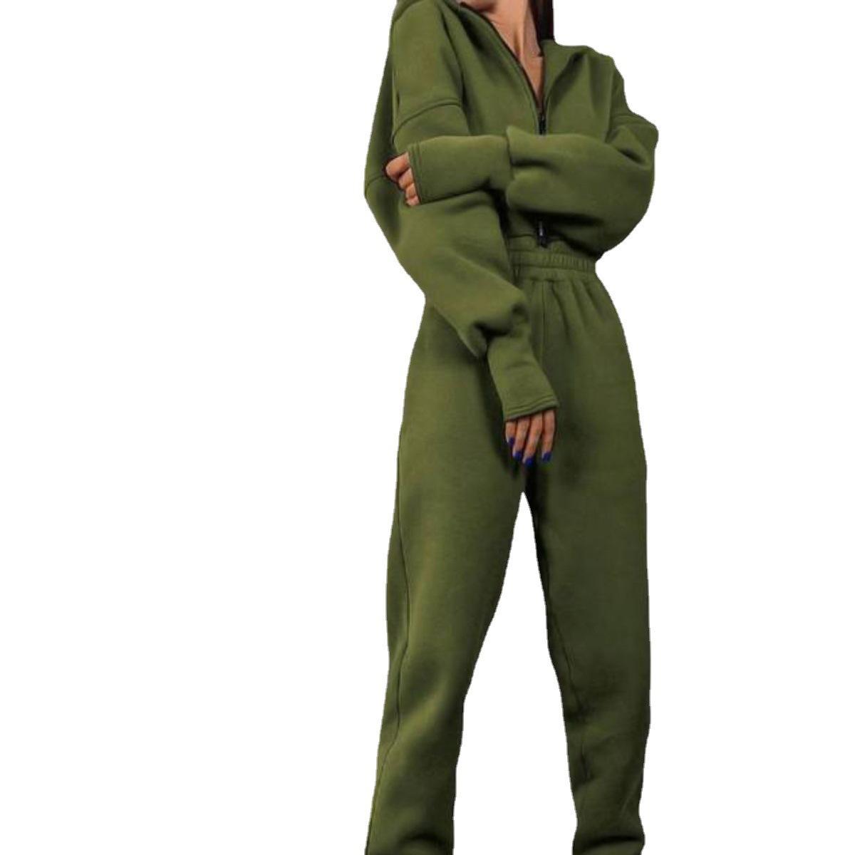 

Осенний новый модный комбинезон на молнии с капюшоном, женский однотонный, с длинным рукавом, повседневный, спортивный, теплый, цельный женский комбинезон XL армия зеленый