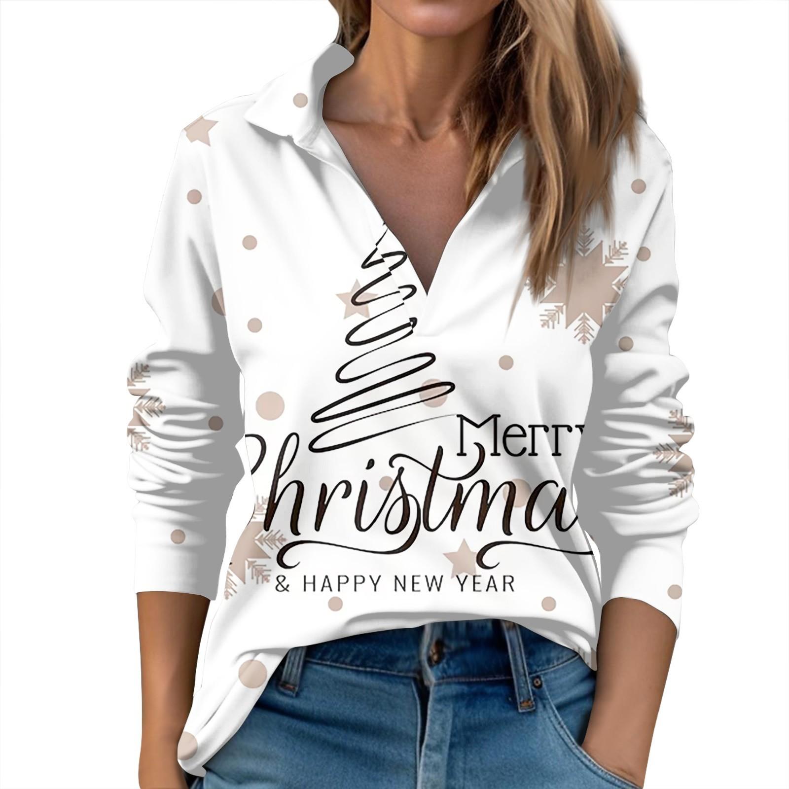 

Женская модная повседневная свободная футболка с V-образным вырезом и рождественским принтом, длинный рукав S белый