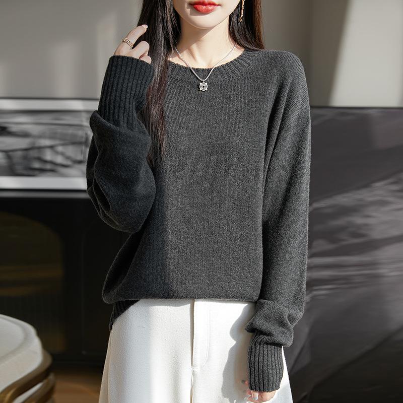Women's 2024 Loose Fit Pure Wool Round Neck Sweater for Autumn/Winter