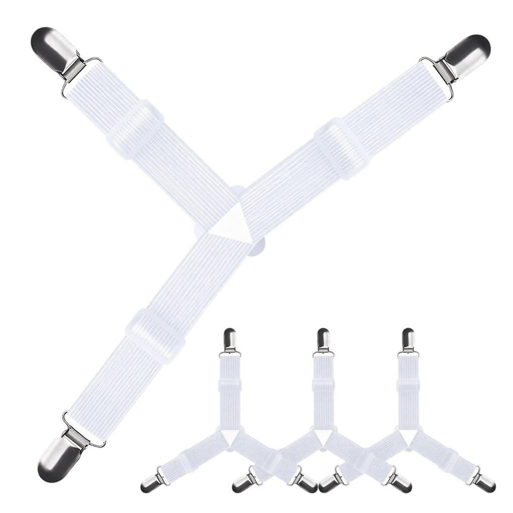 Adjustable Bed Sheet Fasteners 4-Pack Elastic Mattress Holder Straps with Metal Clips for Securing Fitted Sheets Sofa Covers Tablecloths
